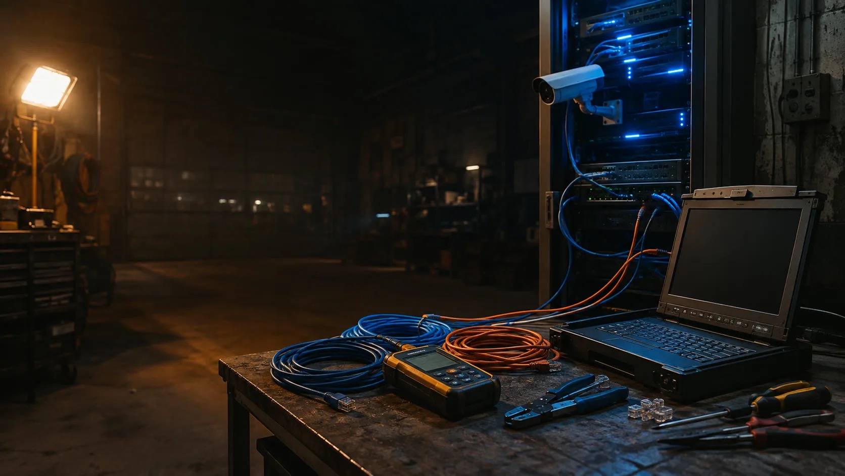 Network rack, KVM console, cable tester and service tools representing Cleveland business IT support