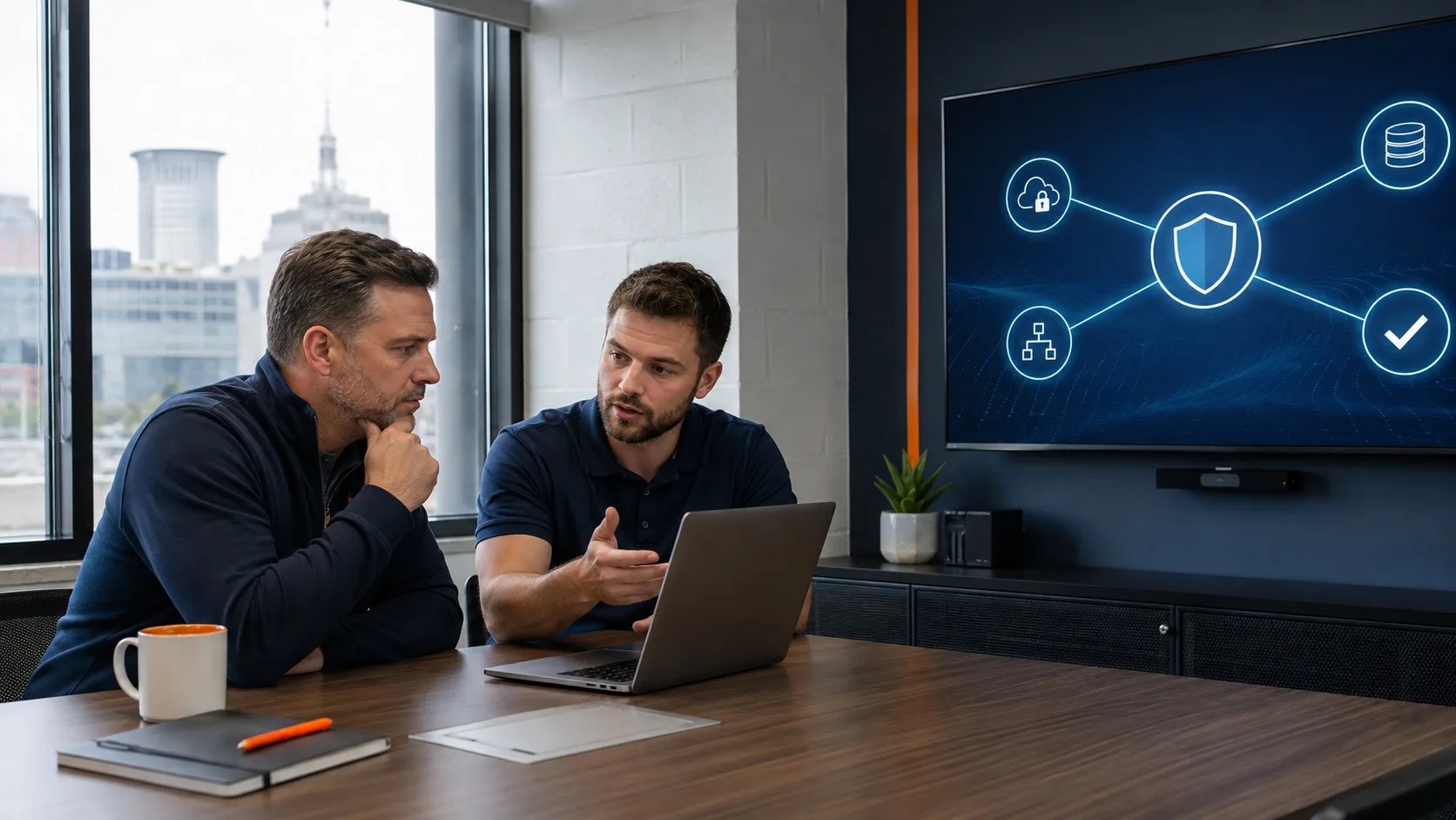 Illustrative scene of a technology specialist and business owner reviewing an IT workflow with human approval